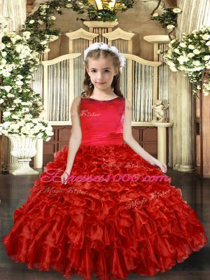 Elegant Red Organza Backless Little Girl Pageant Dress Sleeveless Floor Length Ruffles