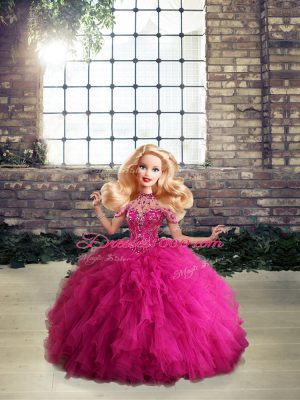 Fuchsia Sleeveless Floor Length Beading and Ruffles Lace Up Quince Ball Gowns