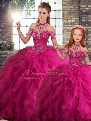 Fuchsia Sleeveless Floor Length Beading and Ruffles Lace Up Quince Ball Gowns