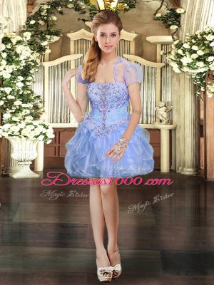 Spectacular Light Blue Organza Lace Up Strapless Sleeveless Mini Length Cocktail Dress Beading and Lace and Ruffles