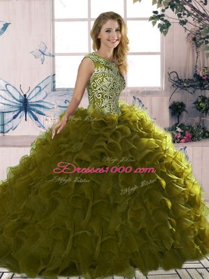 Olive Green Sleeveless Floor Length Beading and Ruffles Lace Up Sweet 16 Quinceanera Dress