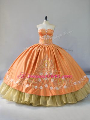 Customized Sleeveless Satin and Organza Floor Length Lace Up Quinceanera Gowns in Orange with Embroidery and Ruffled Layers