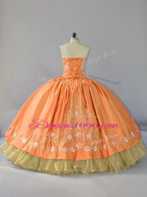 Customized Sleeveless Satin and Organza Floor Length Lace Up Quinceanera Gowns in Orange with Embroidery and Ruffled Layers