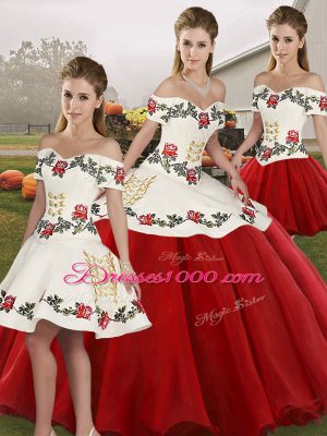 White And Red Sleeveless Floor Length Embroidery Lace Up Sweet 16 Quinceanera Dress