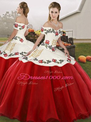 White And Red Sleeveless Floor Length Embroidery Lace Up Sweet 16 Quinceanera Dress