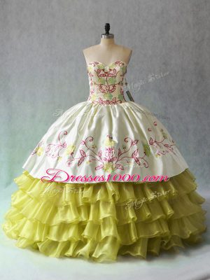 Perfect Floor Length Yellow Green 15 Quinceanera Dress Organza Sleeveless Beading and Ruffled Layers
