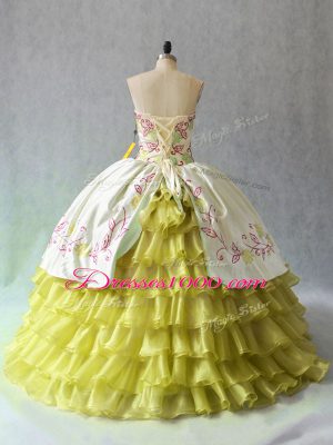 Perfect Floor Length Yellow Green 15 Quinceanera Dress Organza Sleeveless Beading and Ruffled Layers