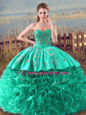 High Class Turquoise Lace Up Sweetheart Embroidery and Ruffles Quinceanera Dresses Fabric With Rolling Flowers Sleeveless Brush Train