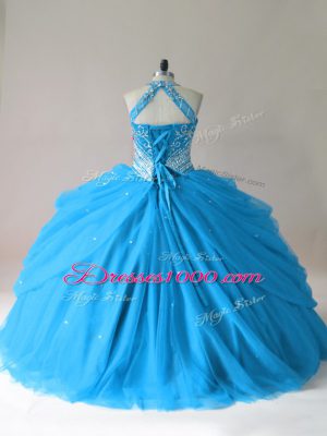 Floor Length Baby Blue Quinceanera Dresses Tulle Sleeveless Beading