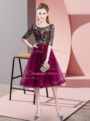 Fuchsia Lace Up Wedding Guest Dresses Embroidery Half Sleeves Knee Length