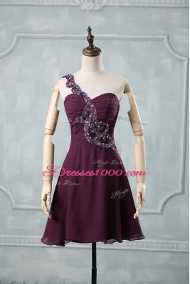 High End Dark Purple Chiffon Zipper One Shoulder Sleeveless Evening Dress Beading and Ruching