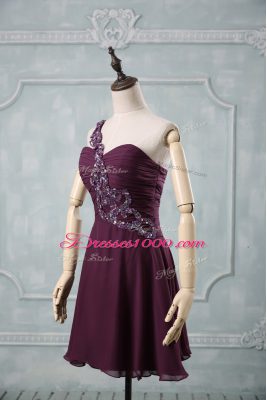 High End Dark Purple Chiffon Zipper One Shoulder Sleeveless Evening Dress Beading and Ruching