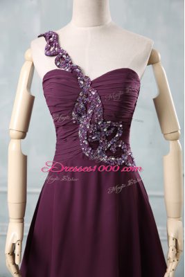 High End Dark Purple Chiffon Zipper One Shoulder Sleeveless Evening Dress Beading and Ruching