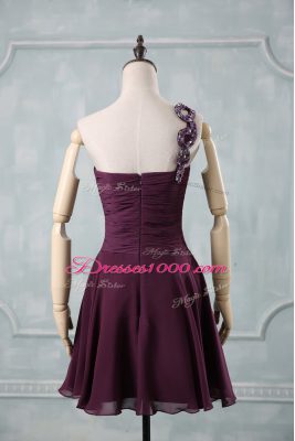 High End Dark Purple Chiffon Zipper One Shoulder Sleeveless Evening Dress Beading and Ruching