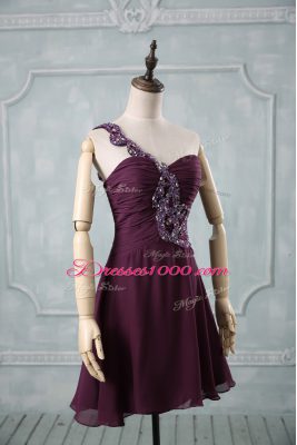 High End Dark Purple Chiffon Zipper One Shoulder Sleeveless Evening Dress Beading and Ruching