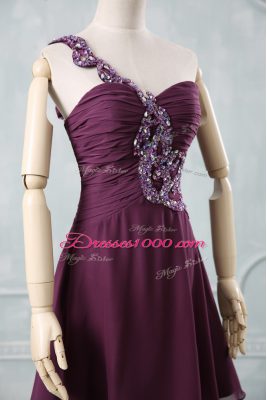 High End Dark Purple Chiffon Zipper One Shoulder Sleeveless Evening Dress Beading and Ruching