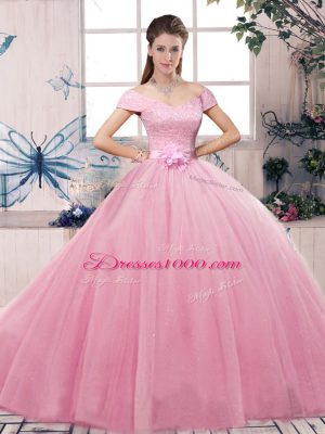 Dramatic Rose Pink Ball Gowns Lace and Hand Made Flower Quinceanera Dresses Lace Up Tulle Short Sleeves Floor Length