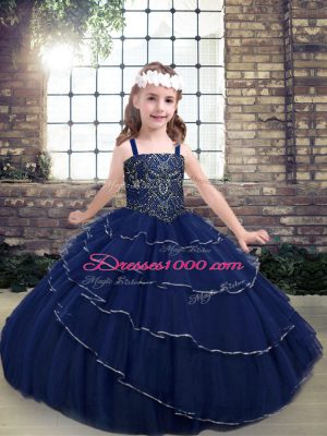 New Style Tulle Straps Sleeveless Lace Up Beading Kids Formal Wear in Navy Blue