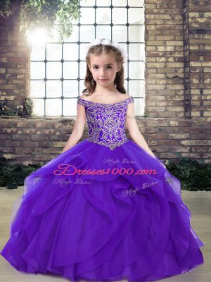 Stunning Purple Organza Lace Up Kids Pageant Dress Sleeveless Floor Length Beading