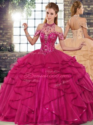 Ideal Fuchsia Halter Top Neckline Beading and Ruffles Sweet 16 Dresses Sleeveless Lace Up