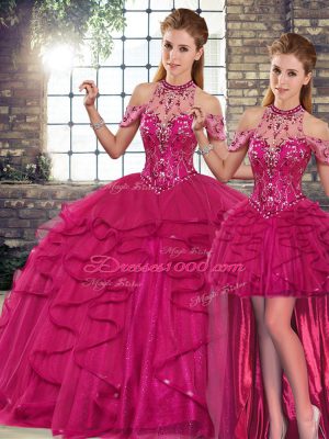 Ideal Fuchsia Halter Top Neckline Beading and Ruffles Sweet 16 Dresses Sleeveless Lace Up