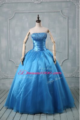 Spectacular Baby Blue Strapless Neckline Beading and Sequins Sweet 16 Dress Sleeveless Lace Up