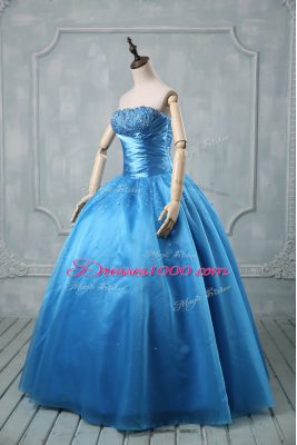 Spectacular Baby Blue Strapless Neckline Beading and Sequins Sweet 16 Dress Sleeveless Lace Up