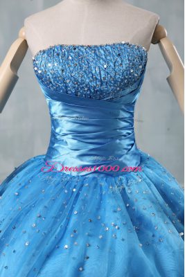 Spectacular Baby Blue Strapless Neckline Beading and Sequins Sweet 16 Dress Sleeveless Lace Up