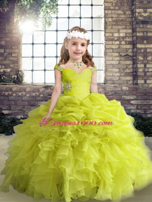 Floor Length Lace Up Party Dresses Yellow Green for Party and Wedding Party with Beading and Ruffles and Pick Ups