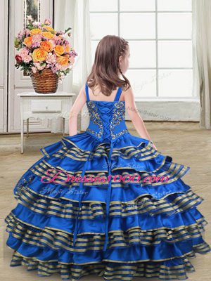 Royal Blue Satin Lace Up Pageant Gowns For Girls Sleeveless Floor Length Embroidery and Ruffled Layers