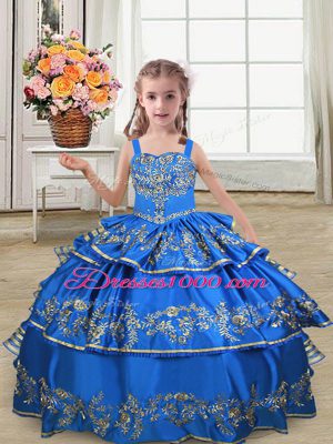 Royal Blue Satin Lace Up Pageant Gowns For Girls Sleeveless Floor Length Embroidery and Ruffled Layers