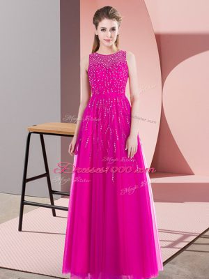 Fuchsia Side Zipper Prom Dresses Beading Sleeveless Floor Length