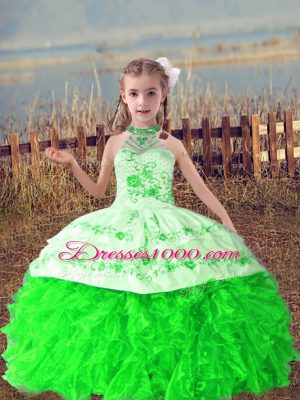 New Arrival Sleeveless Floor Length Beading and Embroidery and Ruffles Lace Up Kids Formal Wear with Green