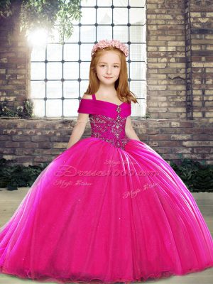 Elegant Fuchsia Ball Gowns Straps Sleeveless Tulle Brush Train Lace Up Beading Pageant Gowns For Girls