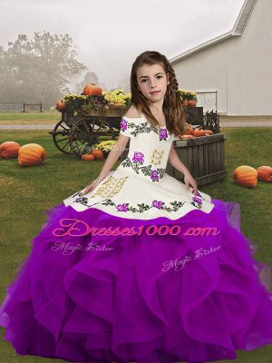 Dazzling Purple Sleeveless Floor Length Embroidery and Ruffles Lace Up Child Pageant Dress