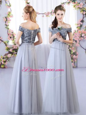 Fashionable Grey Sleeveless Floor Length Appliques Lace Up Quinceanera Court of Honor Dress