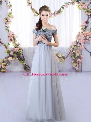 Fashionable Grey Sleeveless Floor Length Appliques Lace Up Quinceanera Court of Honor Dress