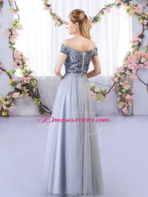 Fashionable Grey Sleeveless Floor Length Appliques Lace Up Quinceanera Court of Honor Dress