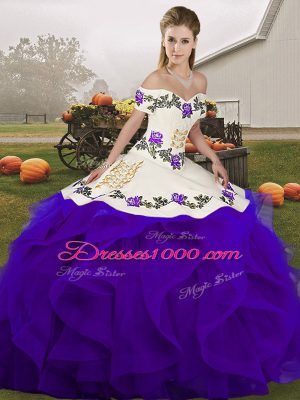 Off The Shoulder Sleeveless Ball Gown Prom Dress Floor Length Embroidery and Ruffles White And Purple Tulle