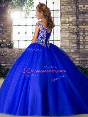 Fine Tulle Off The Shoulder Sleeveless Brush Train Lace Up Beading Sweet 16 Dress in Royal Blue