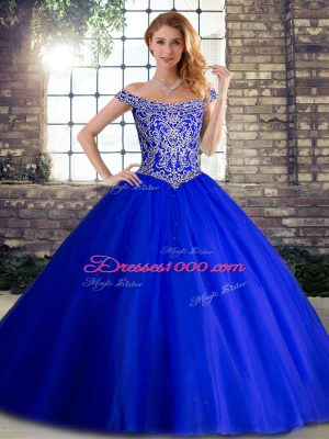 Fine Tulle Off The Shoulder Sleeveless Brush Train Lace Up Beading Sweet 16 Dress in Royal Blue