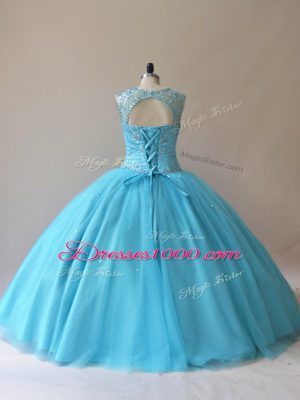 Floor Length Lace Up Ball Gown Prom Dress Baby Blue for Sweet 16 and Quinceanera with Beading