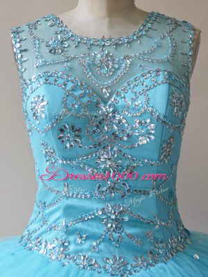 Floor Length Lace Up Ball Gown Prom Dress Baby Blue for Sweet 16 and Quinceanera with Beading