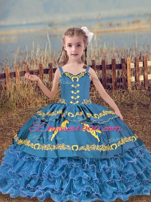 High Class Sleeveless Floor Length Beading and Embroidery and Ruffled Layers Lace Up Kids Pageant Dress with Blue