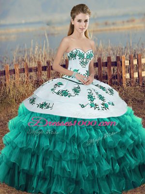 Wonderful Floor Length Lace Up Quinceanera Dress Turquoise for Military Ball and Sweet 16 and Quinceanera with Embroidery and Ruffled Layers and Bowknot