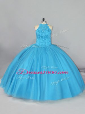 Fitting Aqua Blue Ball Gowns Halter Top Sleeveless Tulle Brush Train Lace Up Beading and Lace 15th Birthday Dress