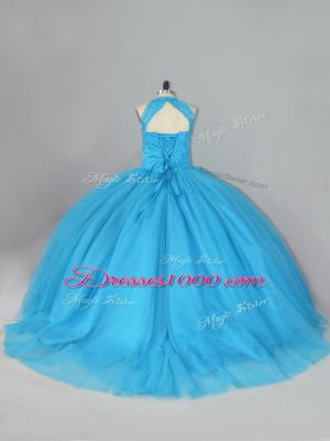 Fitting Aqua Blue Ball Gowns Halter Top Sleeveless Tulle Brush Train Lace Up Beading and Lace 15th Birthday Dress