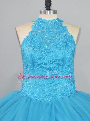 Fitting Aqua Blue Ball Gowns Halter Top Sleeveless Tulle Brush Train Lace Up Beading and Lace 15th Birthday Dress