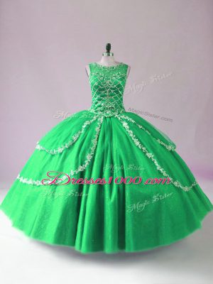 Vintage Scoop Sleeveless Zipper Quinceanera Gowns Green Tulle