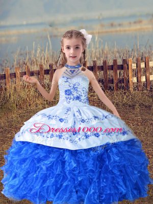 Custom Design Blue And White Organza Lace Up Little Girls Pageant Gowns Sleeveless Floor Length Beading and Embroidery and Ruffles